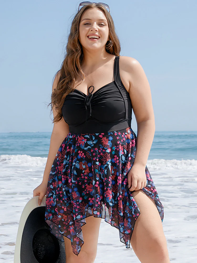 Tropical Ruched Ties Hanky Hem Crisscross Swim Dress