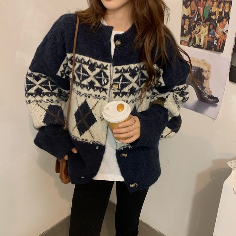 Retro Korean Style Loose Rhombus Pattern Thickened Student Sweater Coat