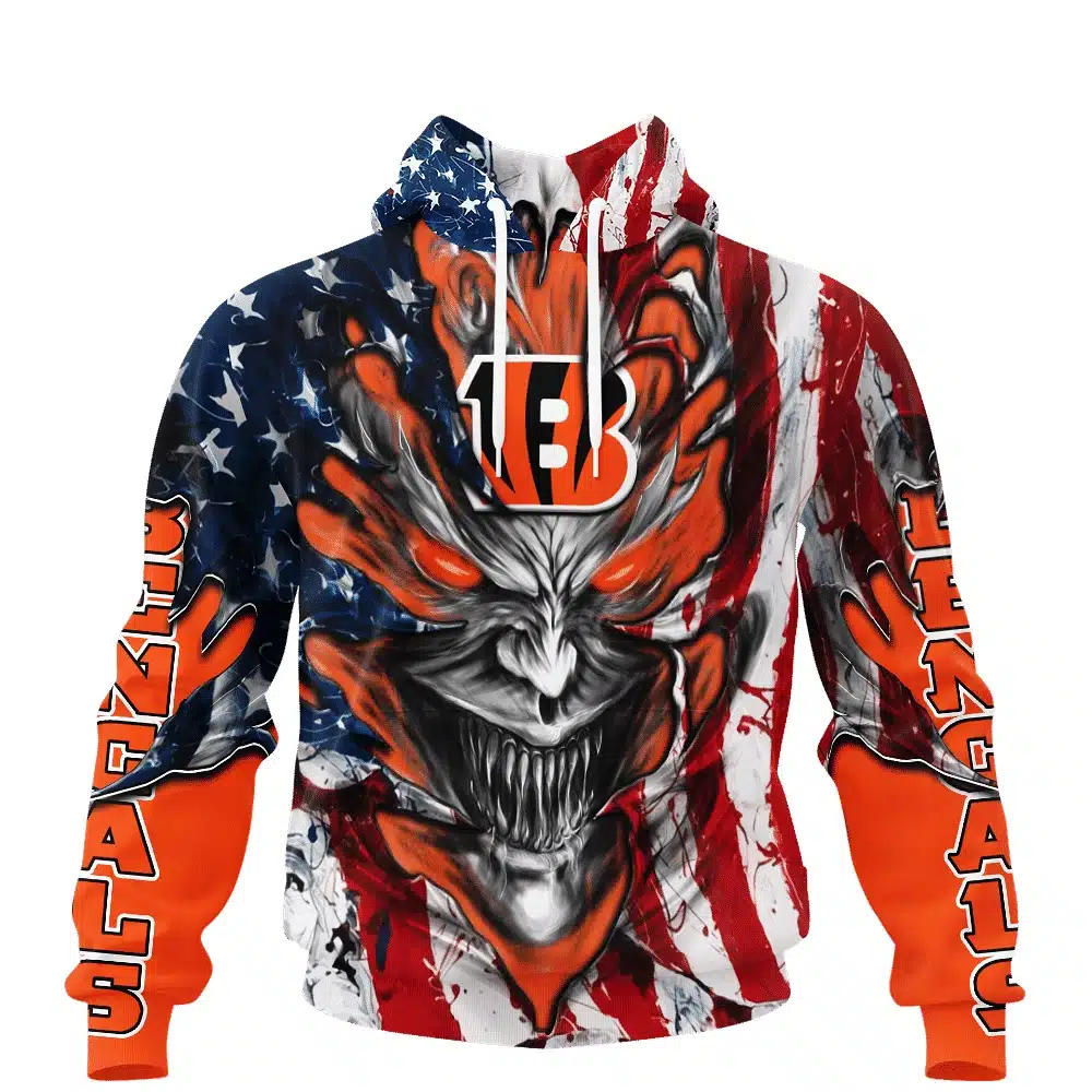 CINCINNATI BENGALS DEMON FACE AMERICAN FLAG-3D UNISEX HOODIE