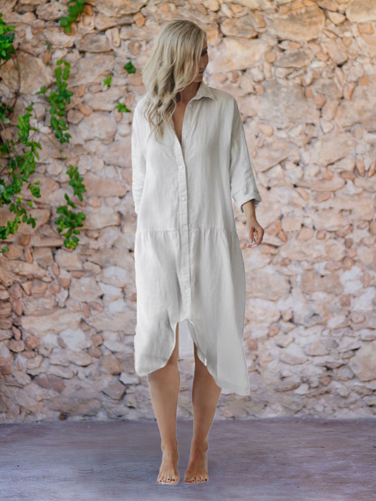 Oversize Notch Bottom Linen Shirt Dress