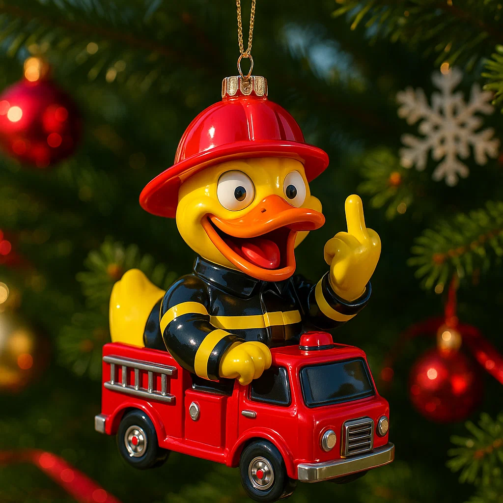 Fire truck shaped duck Christmas ornament