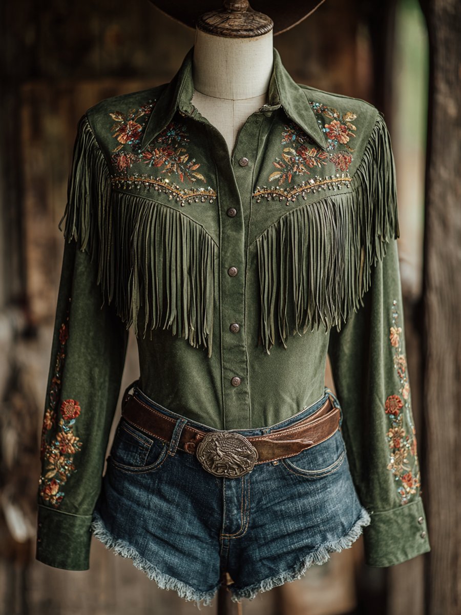 Women's Western Vintage Tassel Floral Print Western Long Sleeve Shirt