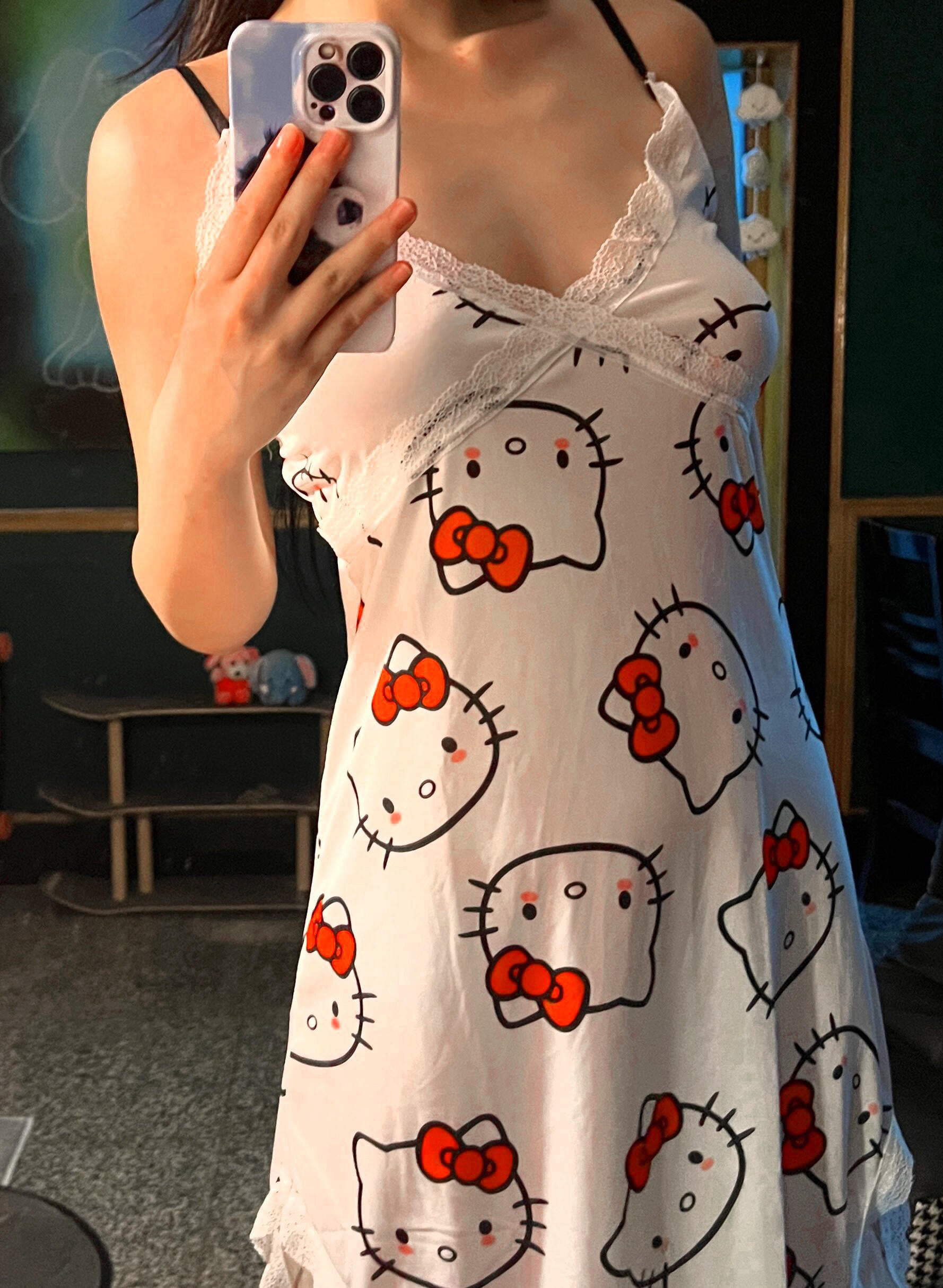 Hellokitty Women Chemise Night Gown Lace Modal Sleepwear V-Neck Full Slip Babydoll Lingerie Sexy Nightgowns