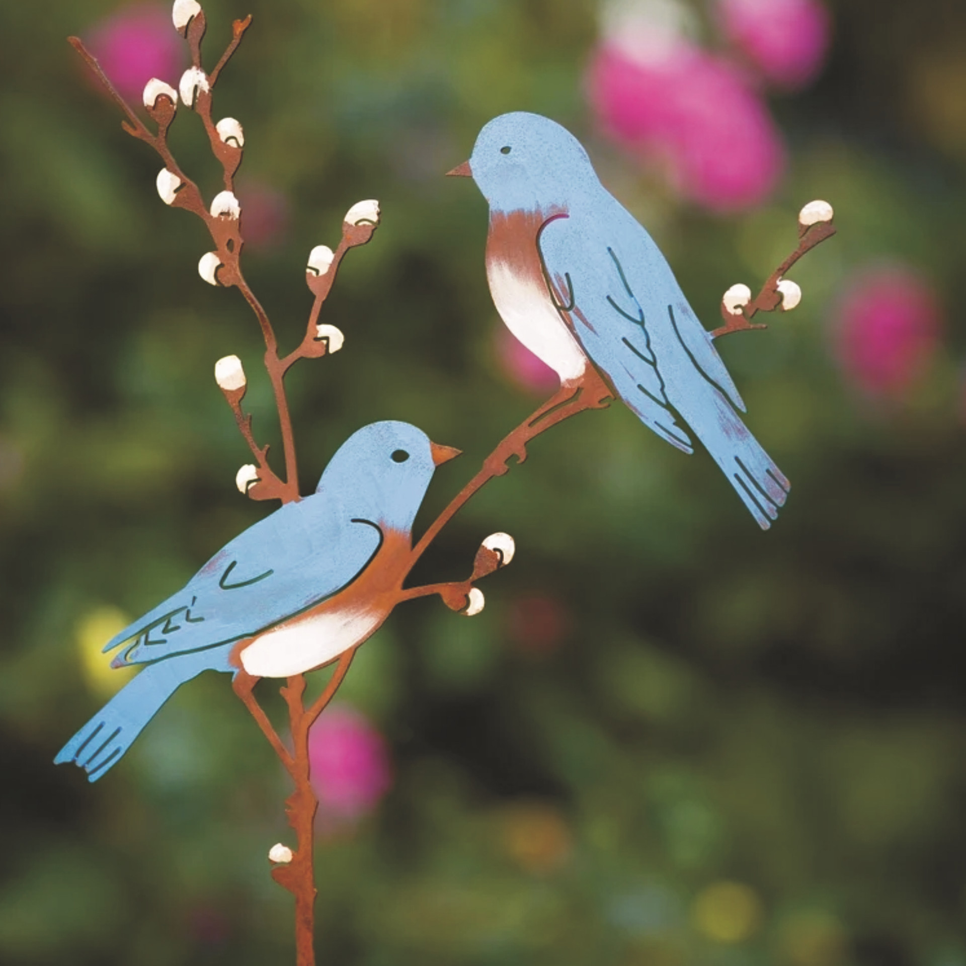 Hand painted metal bird metal garden art decoration on spring willow garden stake