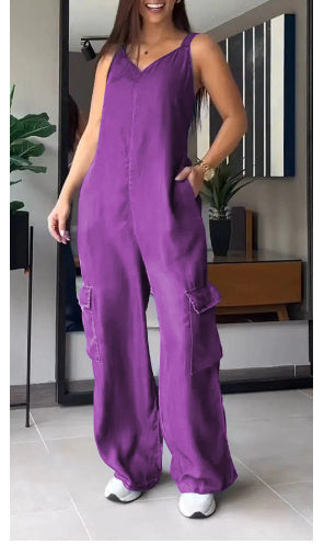 European and American Style V-Neck Jumpsuit with Thin Jeans Fabric and Pockets