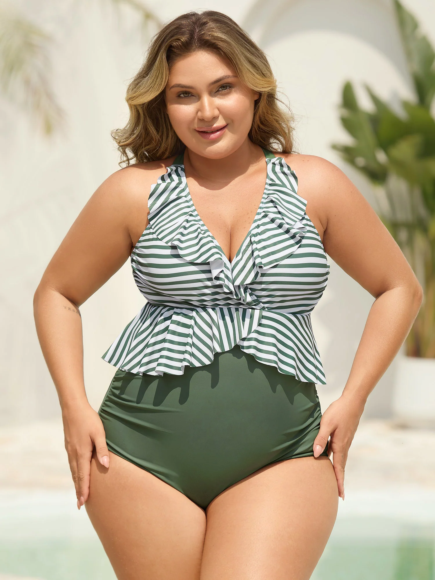 Striped Spliced Ruffled One-Piece Swimsuit