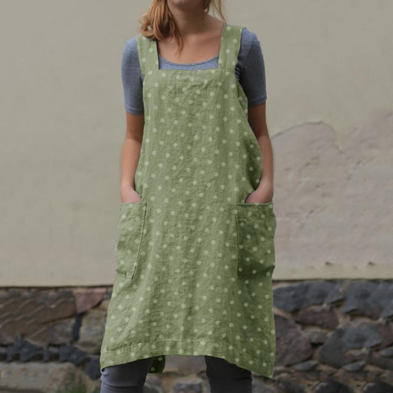 Pocket Polka Dot Cotton And Linen Strap Apron Dress