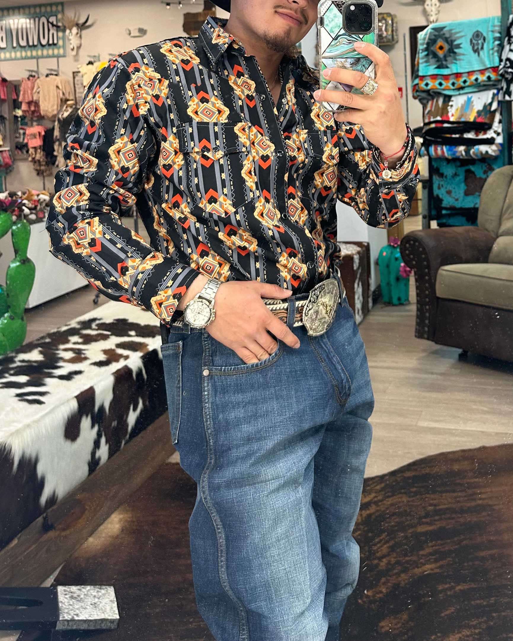 Men's Casual Retro Western Cowboy Stripe Yellow Long Sleeve Shirt
