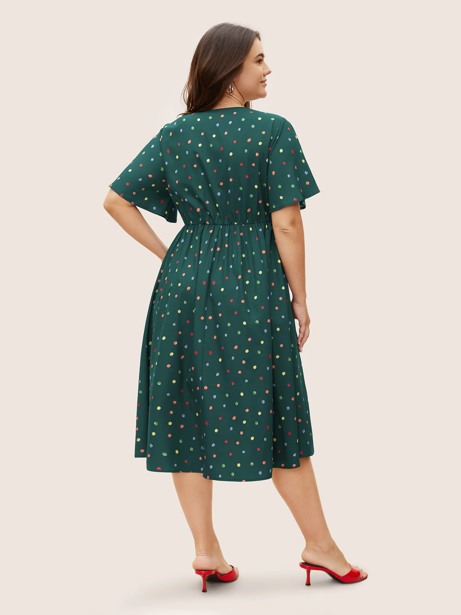 Colored Polka Dot Overlap Collar Midi Dress