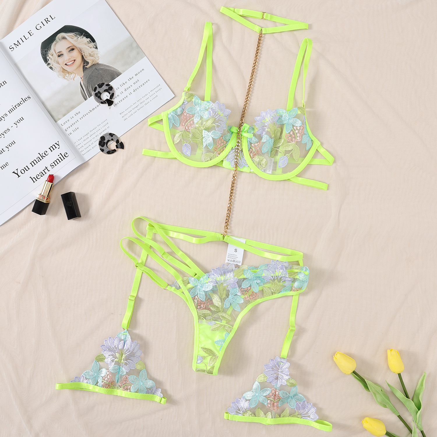 Bountiful Bouquet Green Gartered Lingerie Bra Set