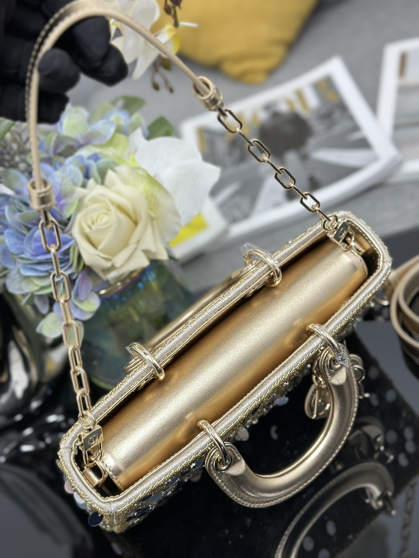 Dior Lady D-Joy Medium Embroidered Sequin Gold Lady Diana Bag M0540