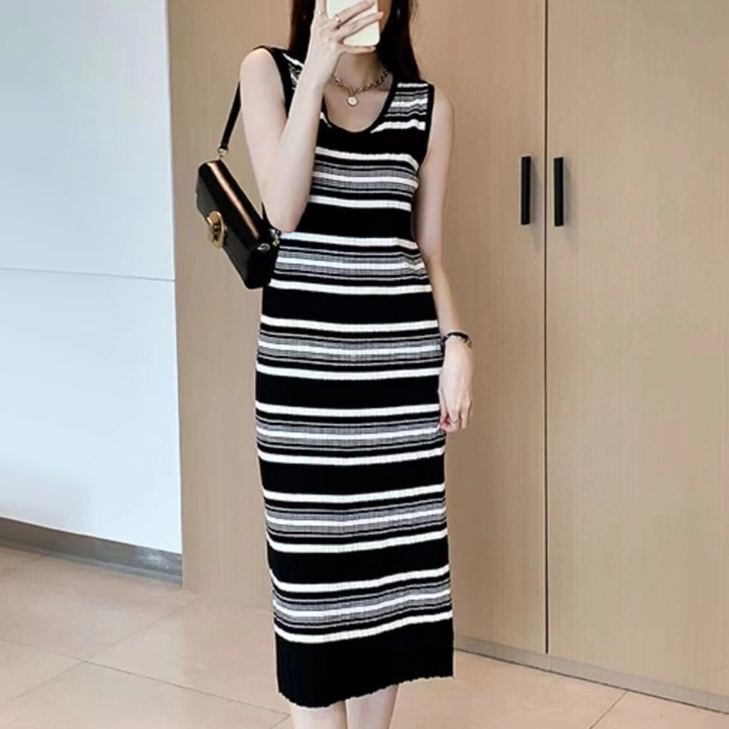 Thin sleeveless temperament Striped knitted dress French style