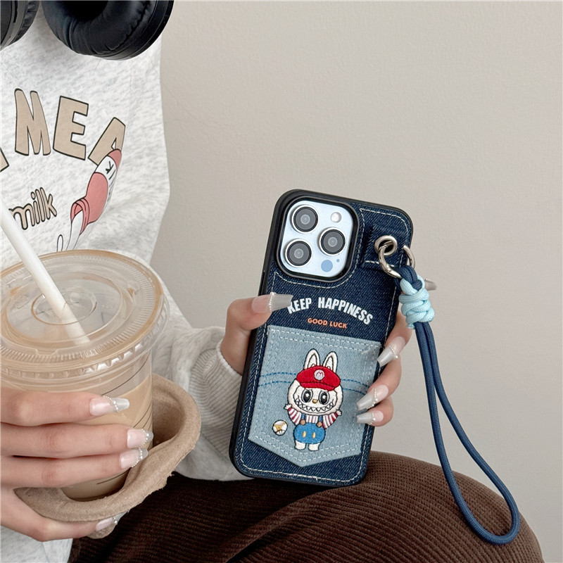 Labubu denim embroidery 3D pocket card slot phone case for iphone