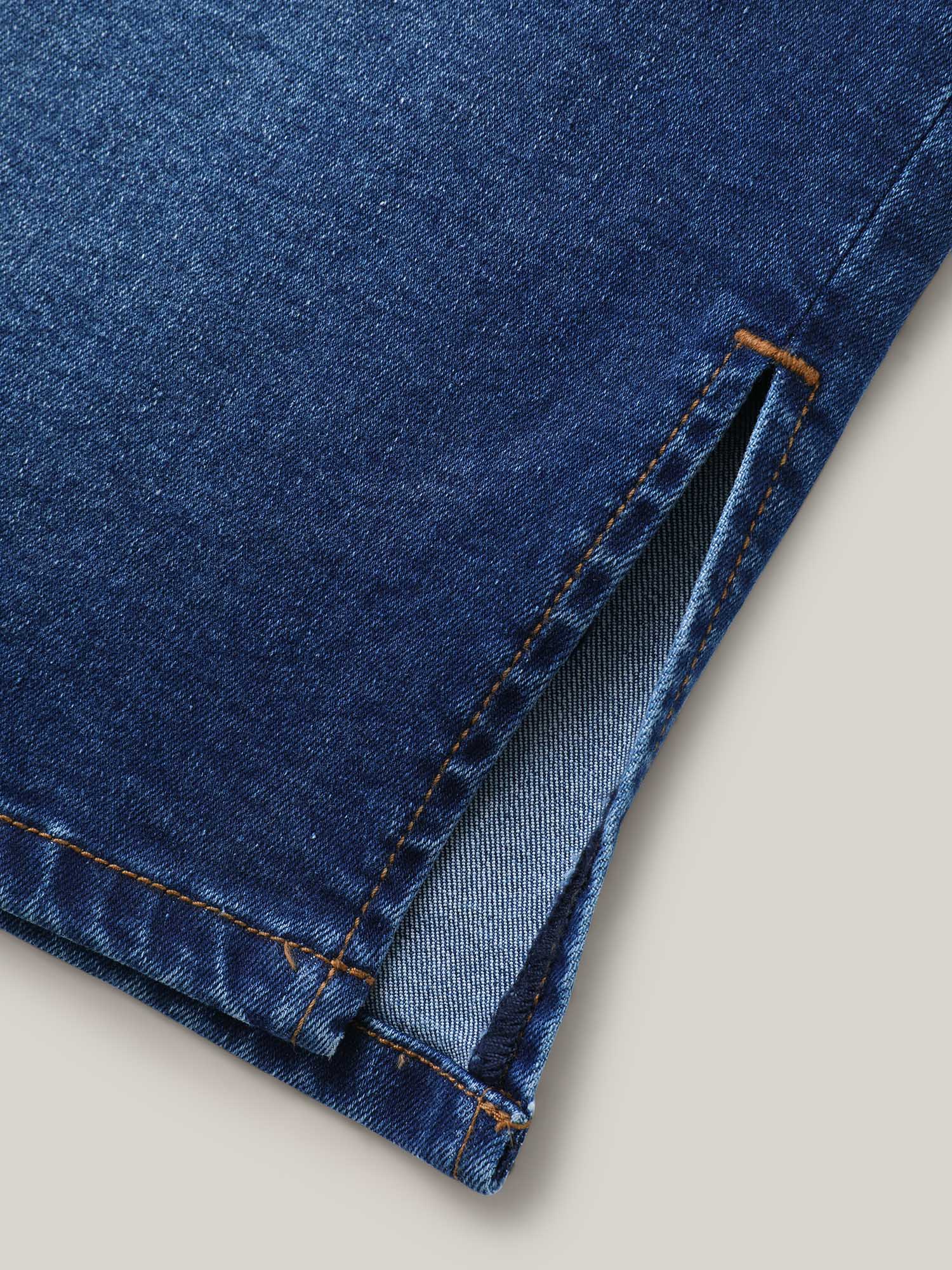 Whiskered Classic Cut Fitted Denim Skirt