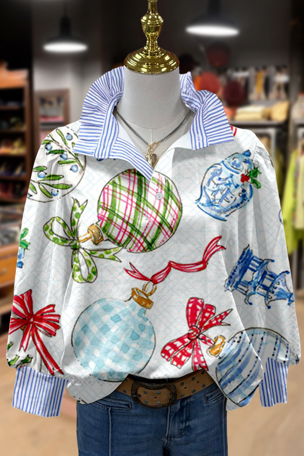 Christmas Ornaments Print Striped Collar Top