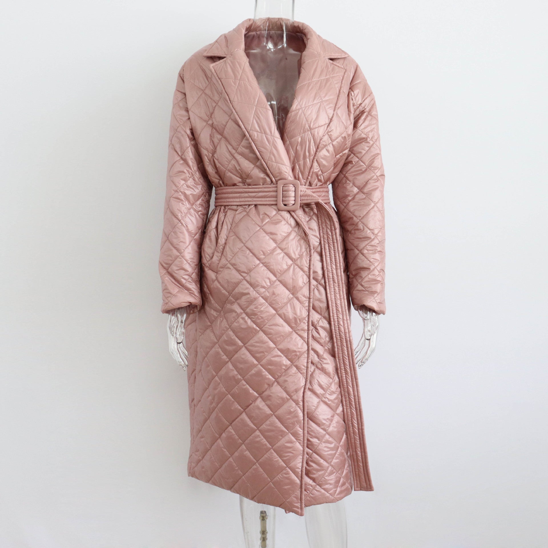 Warm Keeping Cotton Clothing Cotton Padded Coat for Winter Women Rhombus Cotton-Padded Jacket Waist Tight Long Cut Coat Plus Size Coat for Women