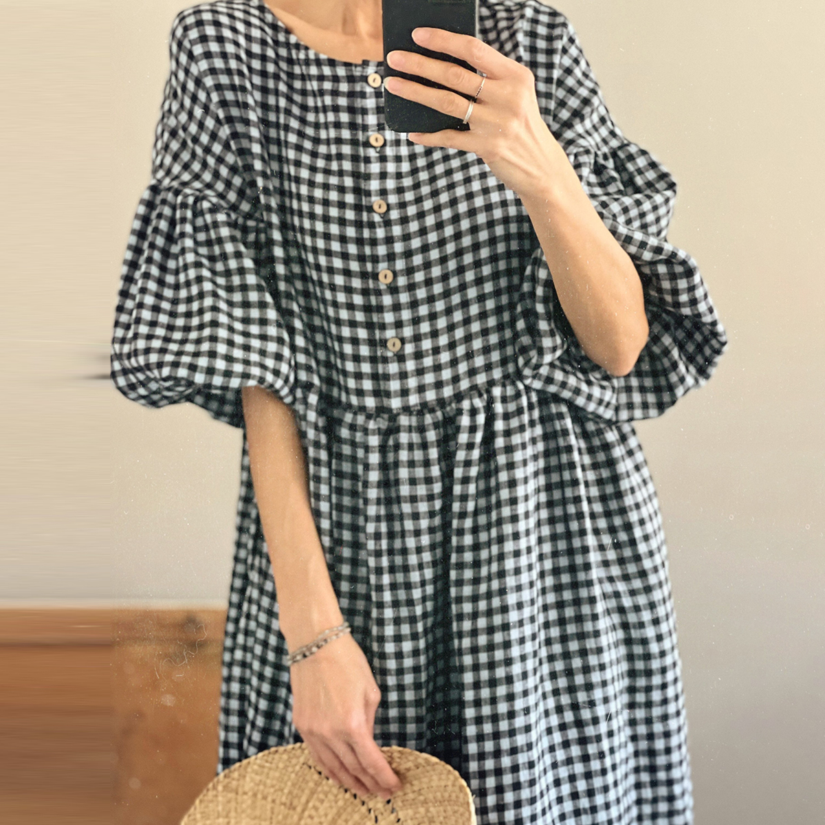 Check Button Round Neck Balloon Sleeve Midi Dress