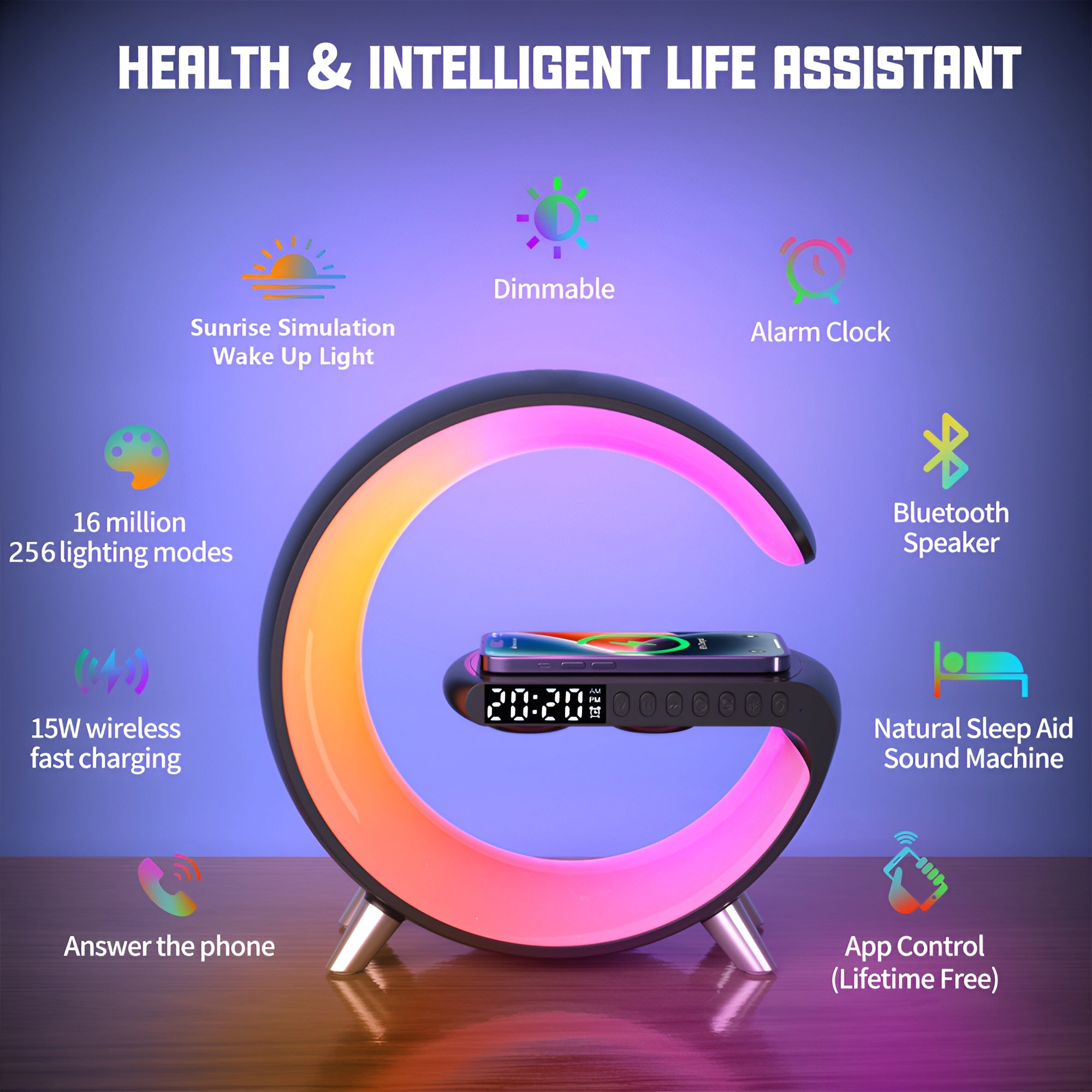 4-in-1 Alarm Clock, Mood Light, Speaker & Wireless Charger