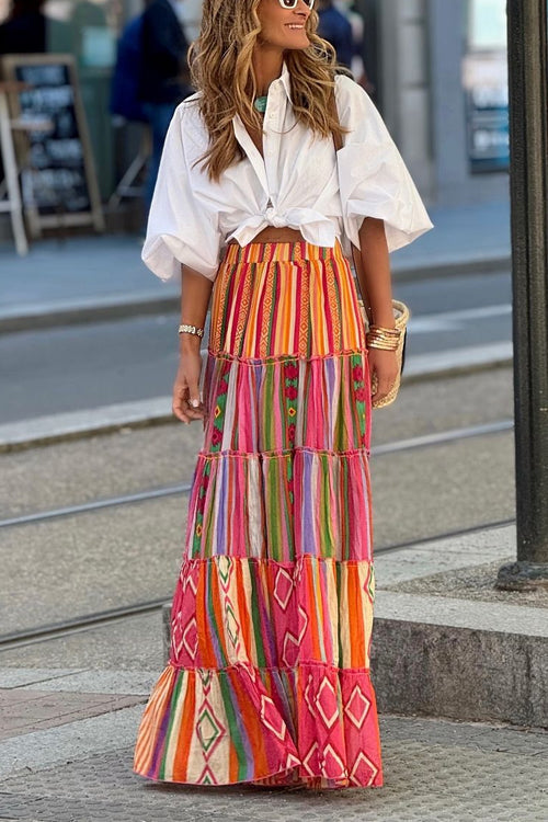 Heididress Elastic Waist Ruffle Tiered Color Block Printed Maxi Skirt
