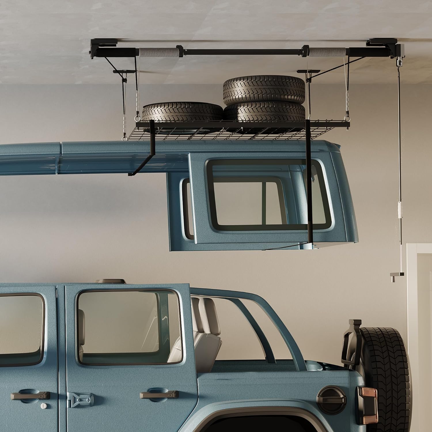 FLEXIMOUNTS Overhead Garage Lifting Storage Rack 4x4 Ft Heavy-Duty Metal Garage Ceiling Rack