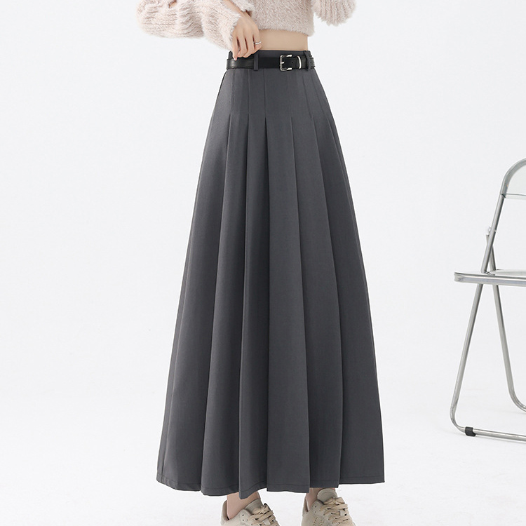 Gray High waist show thin pleated skirt belt suit skirt