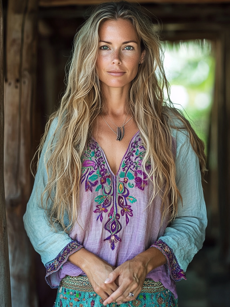 Boho Floral Tribal Embroidery Print Cotton And Linen Blend Loose Blouse