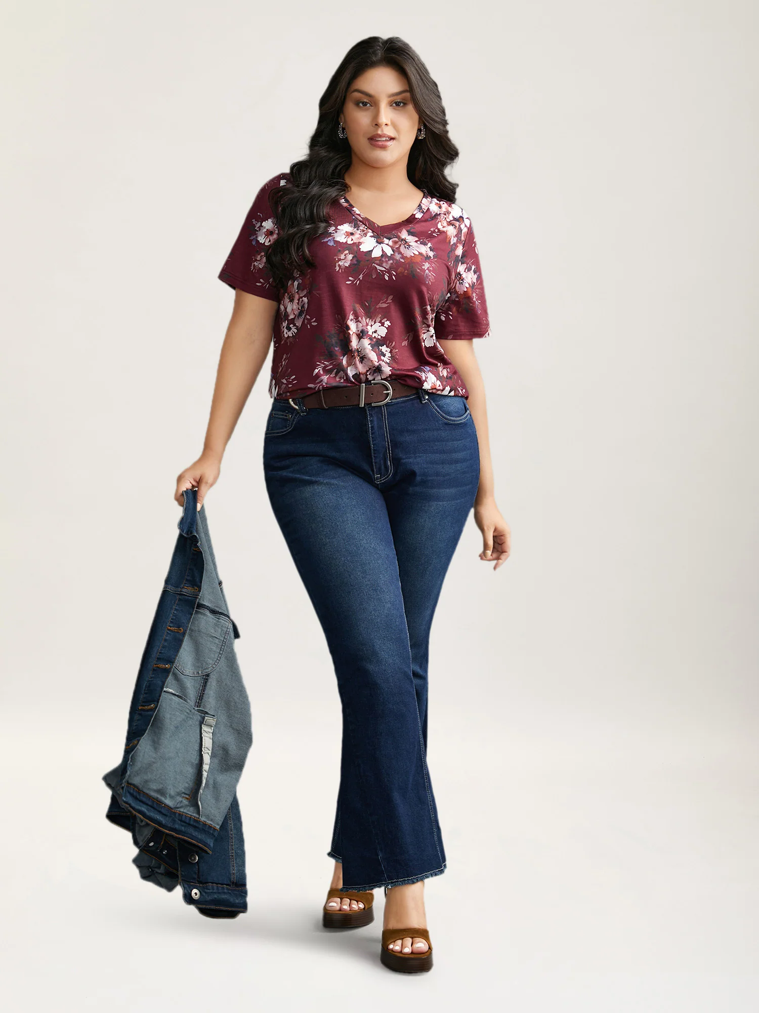 Floral Print V Neck Stretchy T-shirt