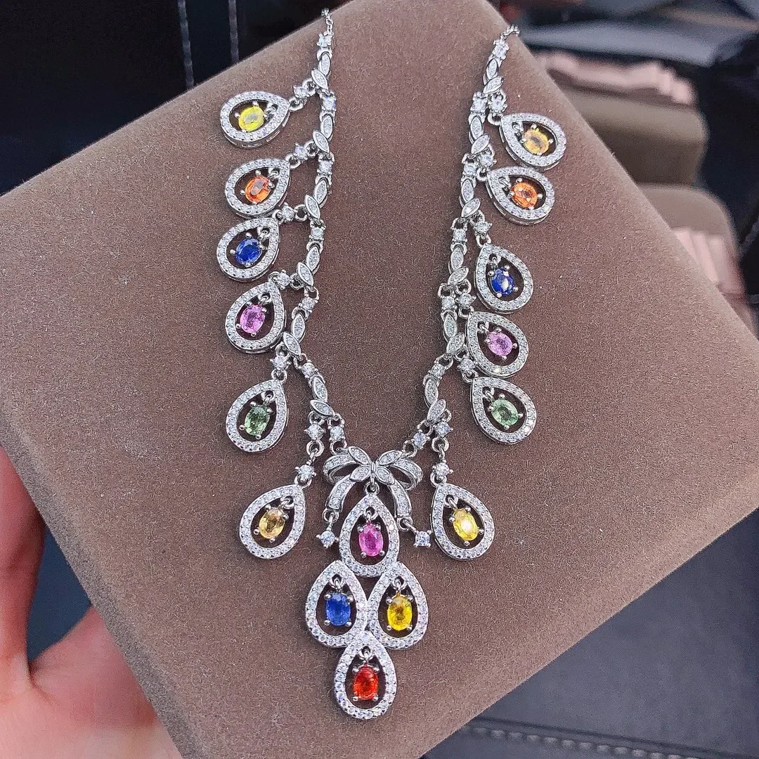 925 Sterling silver natural color sapphire necklace Jewelry Fire color good beauty women's luxury jewelry certified boutique