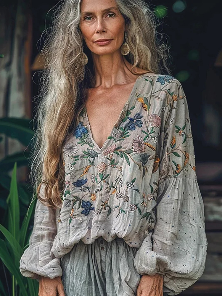 Bohemian Style Linen Floral Art Print Long Sleeve Shirt