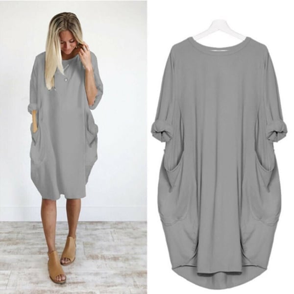 💝17 Colors Women Casual Loose Pocket Long Sleeves Dress