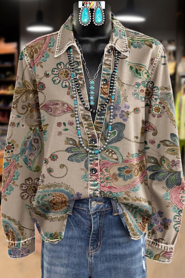Retro Paisley Print Collared Long Sleeve Top