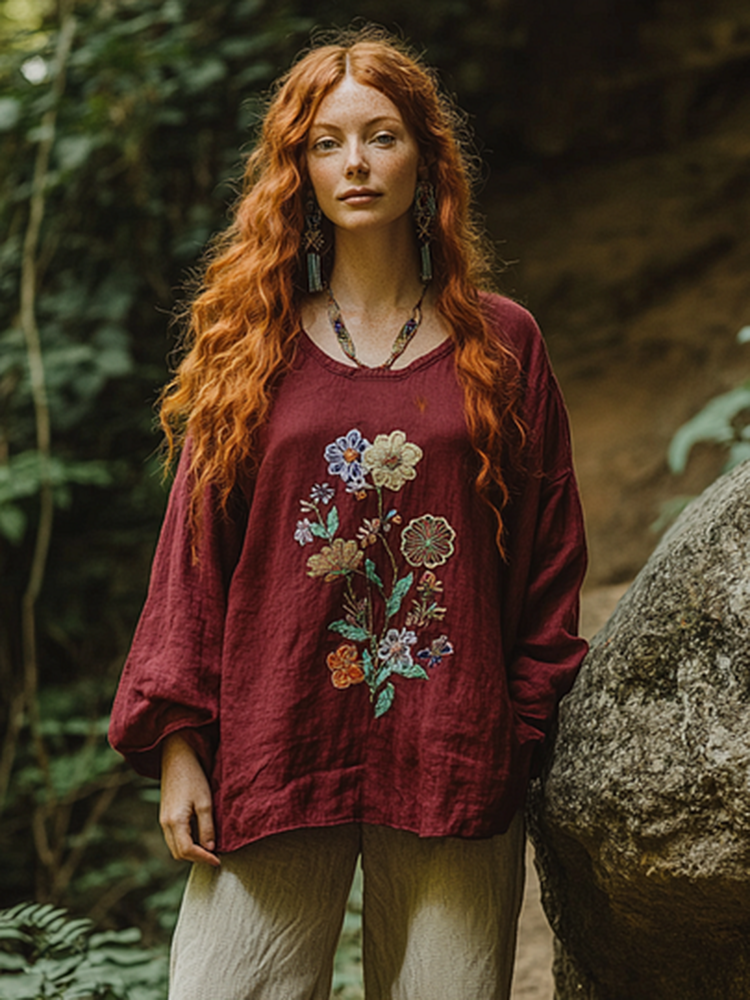 Retro Bohemian Floral Art Embroidery Print Cotton And Linen Blend Loose Blouse