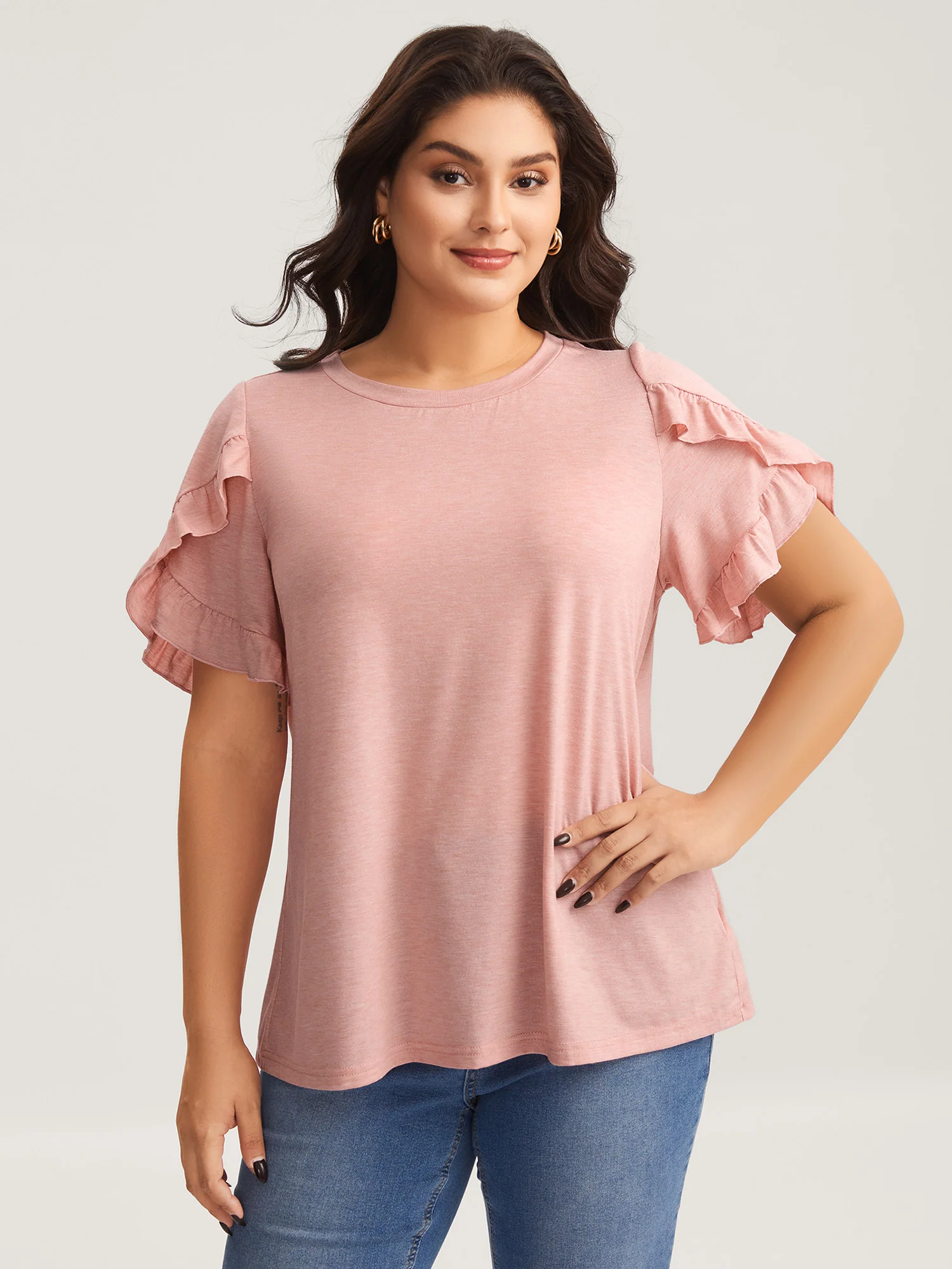 Ruffled Petal Sleeve Solid Knit Top