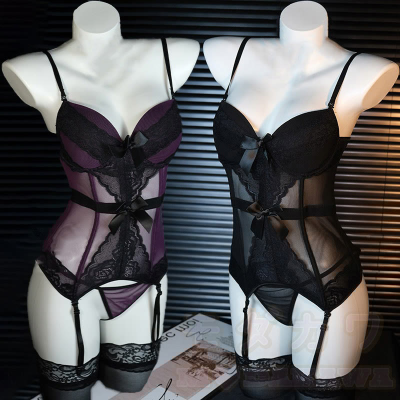 Sexy Bow See-through Jumpsuit Lingerie Set