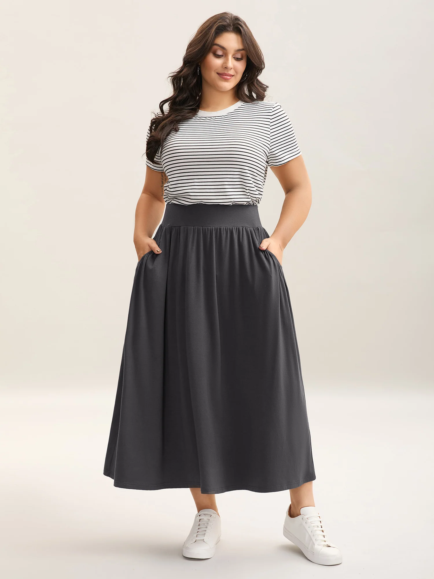 Supersoft Wide Waistband Pleated Plain Midi Skirt