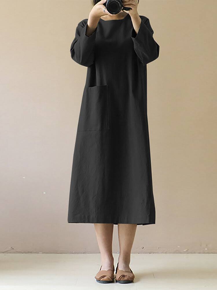 Literary Retro Long-Sleeved Cotton Linen Midi Dress