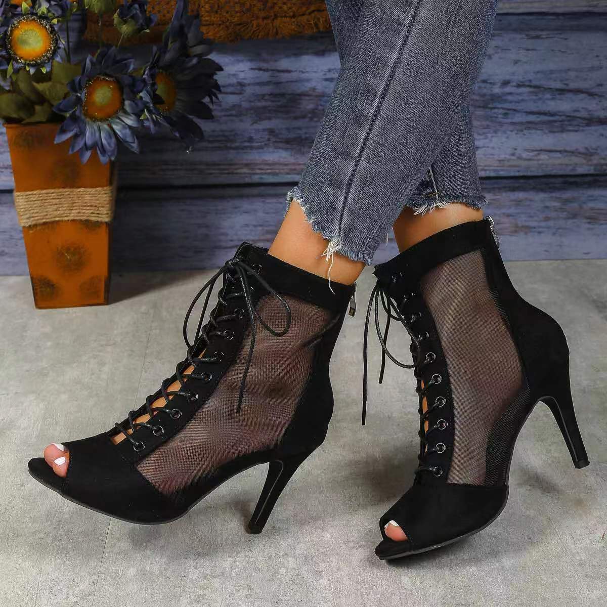 Mesh Fish Mouth Stiletto Heel High Sandal Boots for Women
