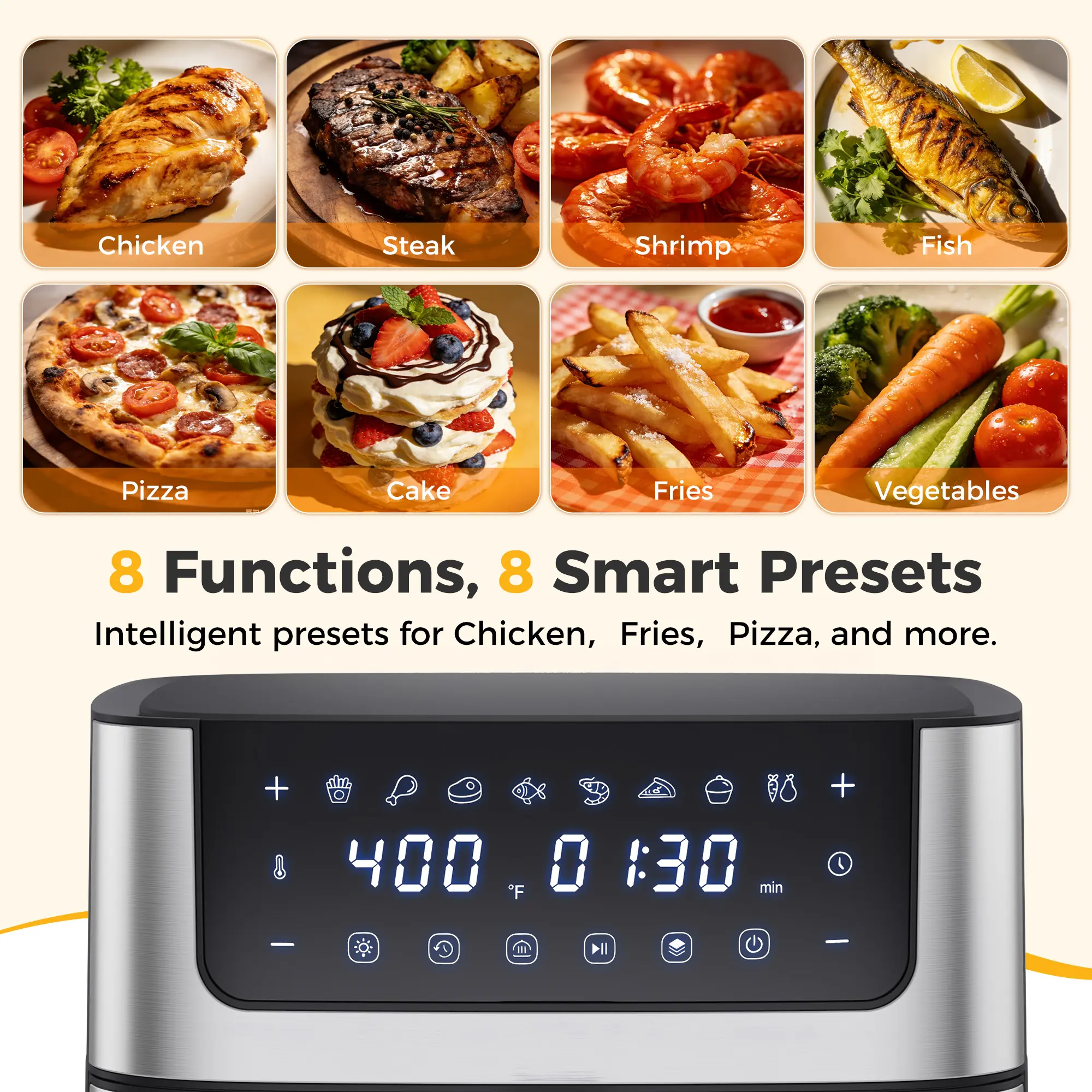 6.34QT Air Fryer with Window 8 Food Presets 400°F Max Heat 90-Min Timer Nonstick Dishwasher-Safe Basket for Air Fry Roast Reheat Bake Stainless Steel