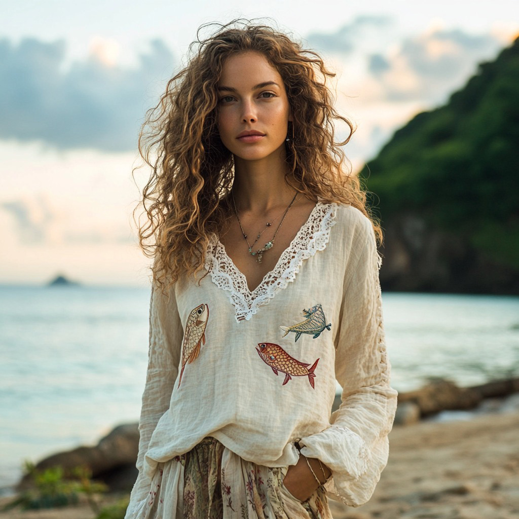 Retro Fish Embroidery Print Linen Blend Loose Blouse