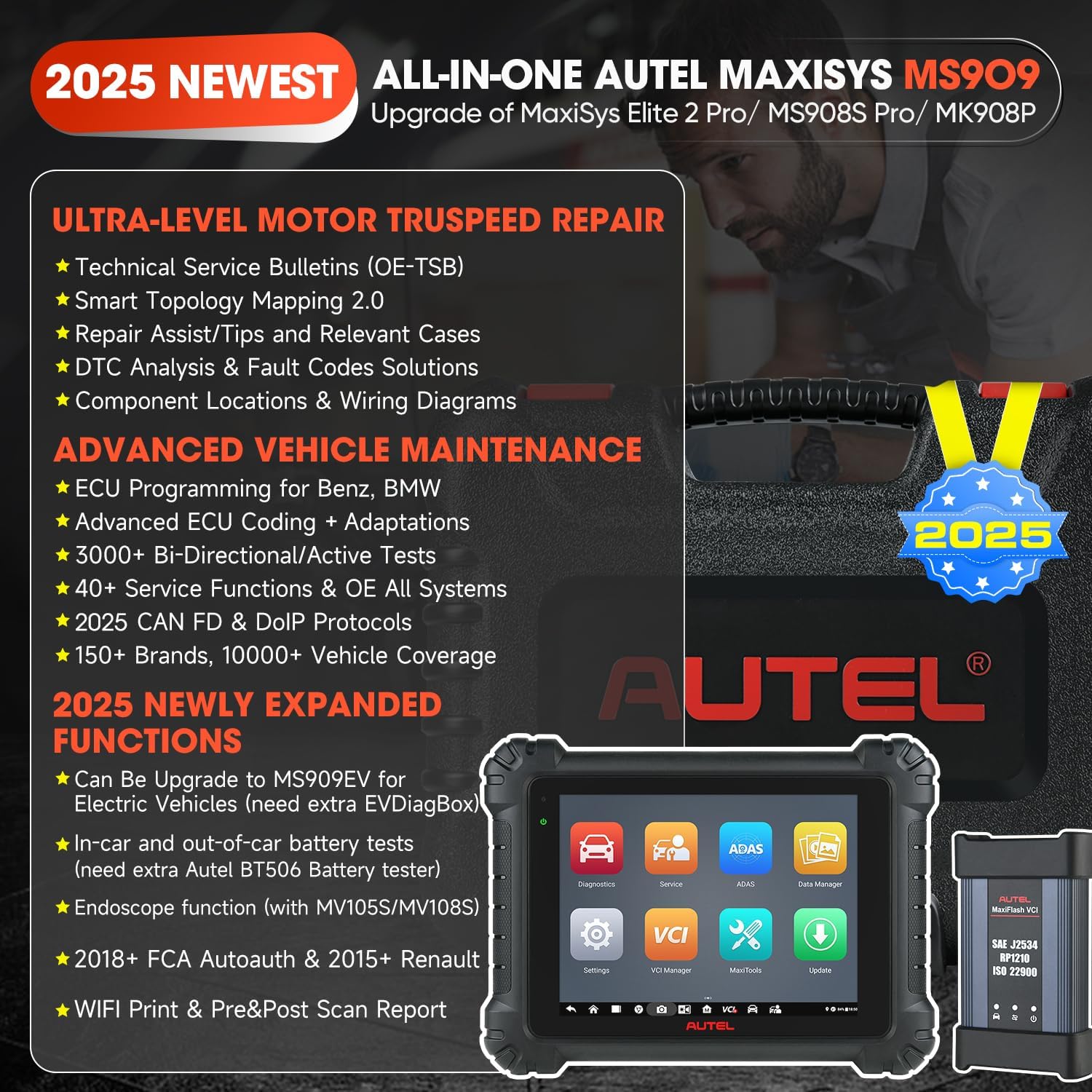 Autel MaxiSys MS909 Smart Diagnostics Tool, 2025 New Motor TruSpeed Same as MS919 MSUltra, TSB, Repair Tips, Topology 2.0, Up of Elite 2 PRO, ECU Programming/Coding, 40+ Service, 3K+ Active Tests