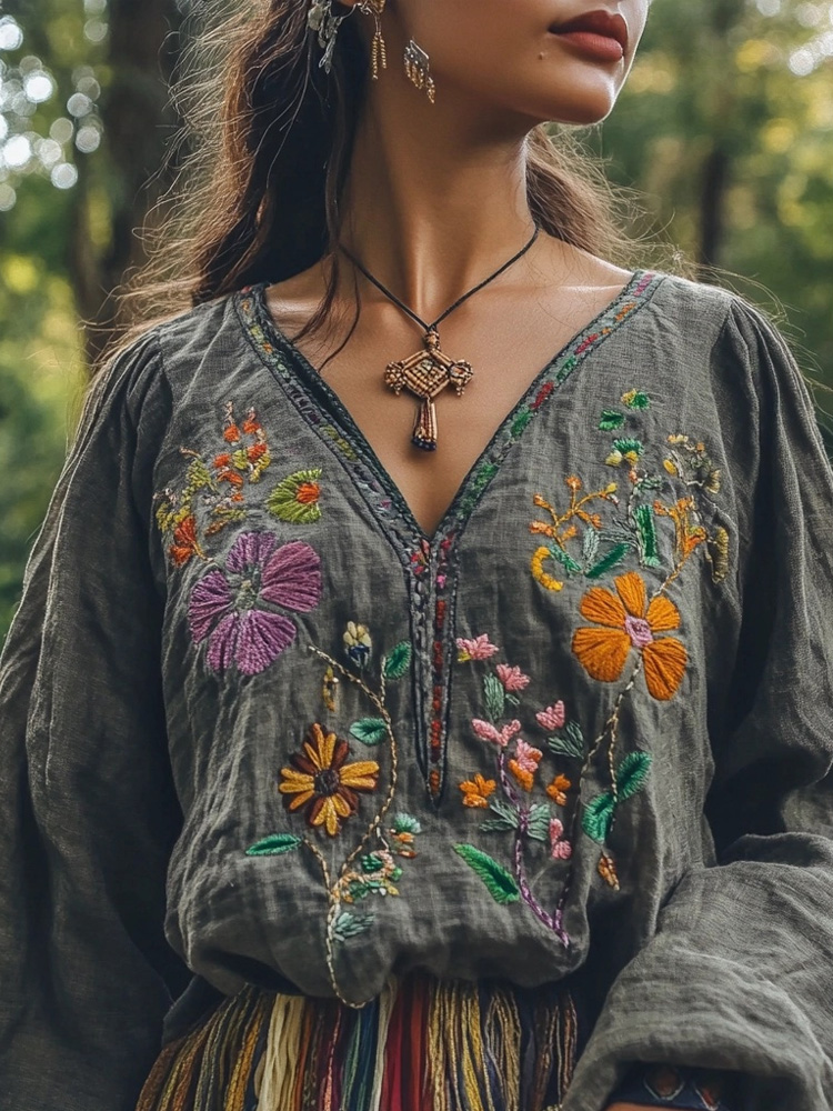 Vintage Boho Floral Embroidered Linen Blend Tunic