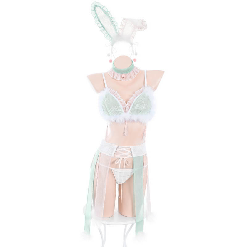 Cosplay Bunny Lace Bra With Tassels Lace-up Skirt Lingerie Set