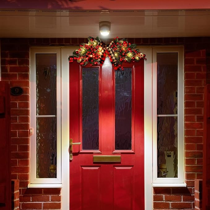 🎄Christmas promotion🔥Pre-installed red fruit door wreath with lights, urn filler with real feel