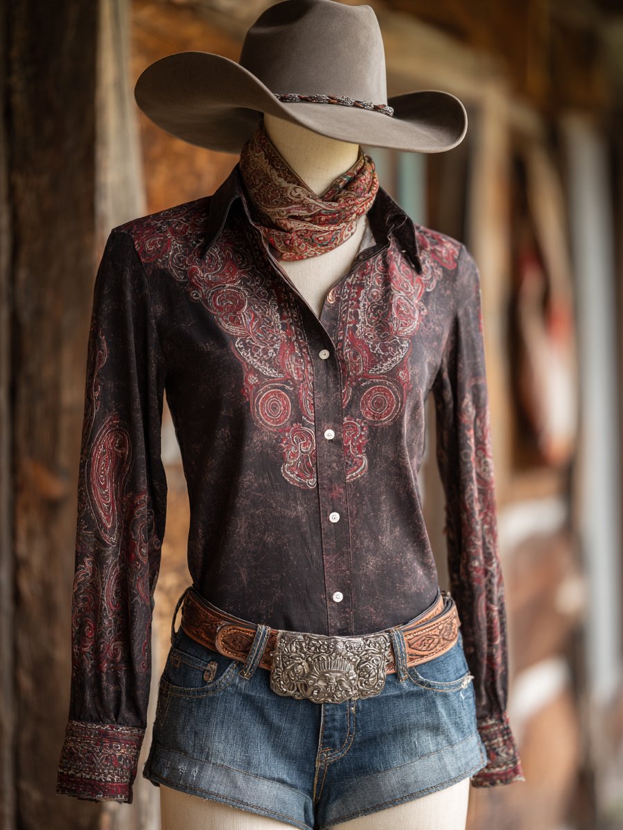 Women's Vintage Brown Paisley Print Western Long Sleeve Shirt