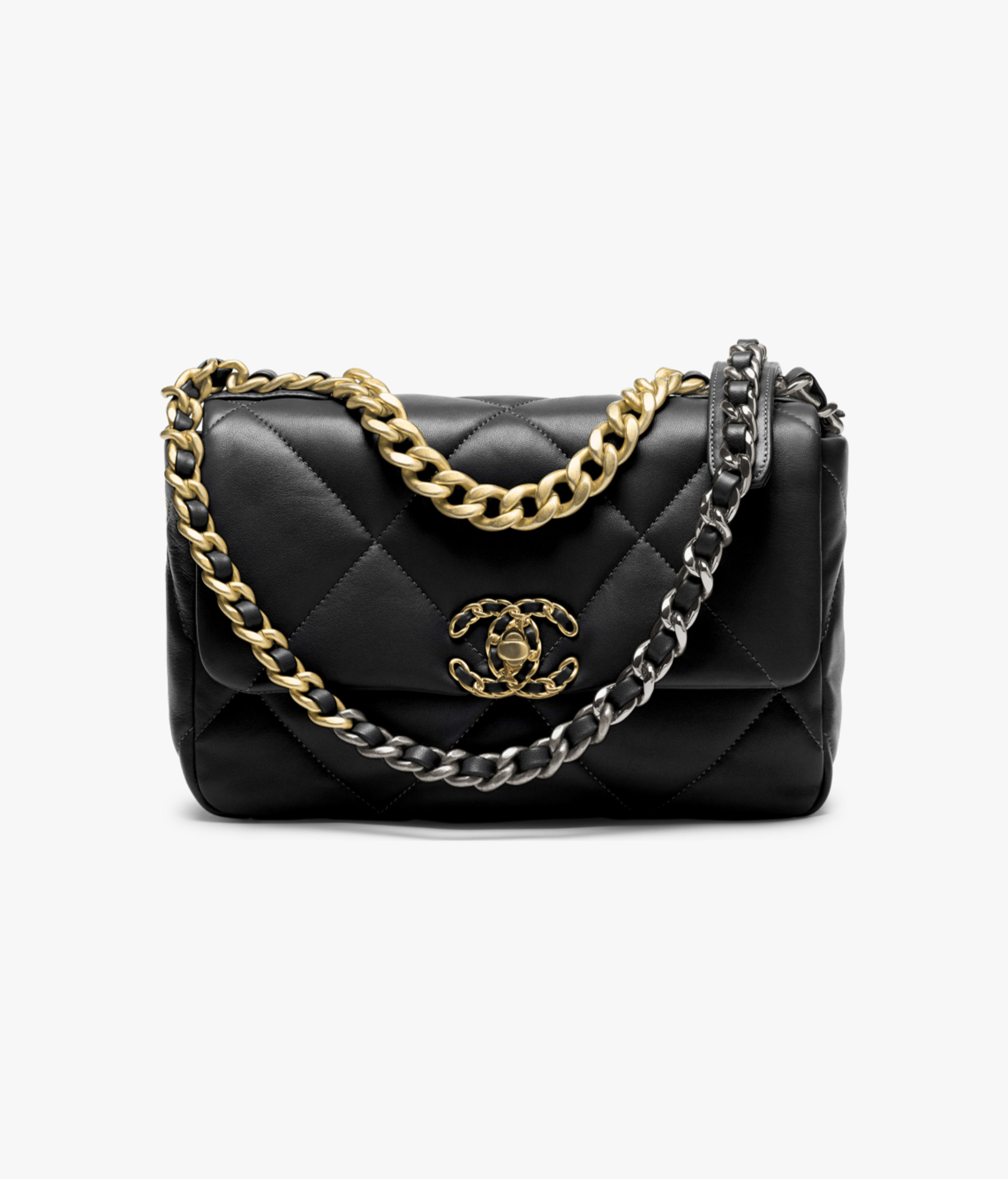 CHANEL 19 Handbag Shiny Lambskin, Gold-Tone, Silver-Tone & Ruthenium-Finish Metal Blac AS1160-B04852-94305