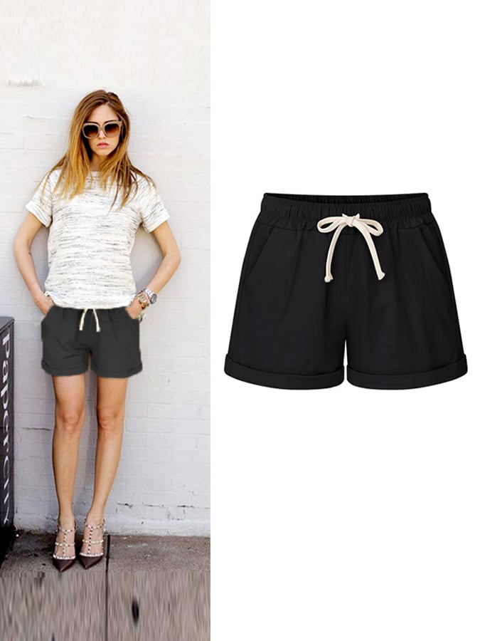 Women's Casual Solid Tie Slub Cotton Shorts