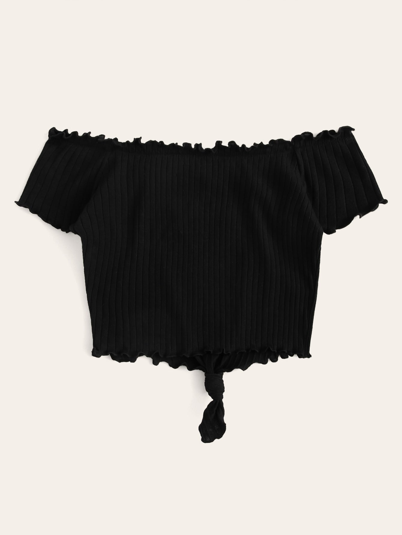 SHEIN Embroidered Sunflower Lettuce Trim Rib-knit Bardot Top