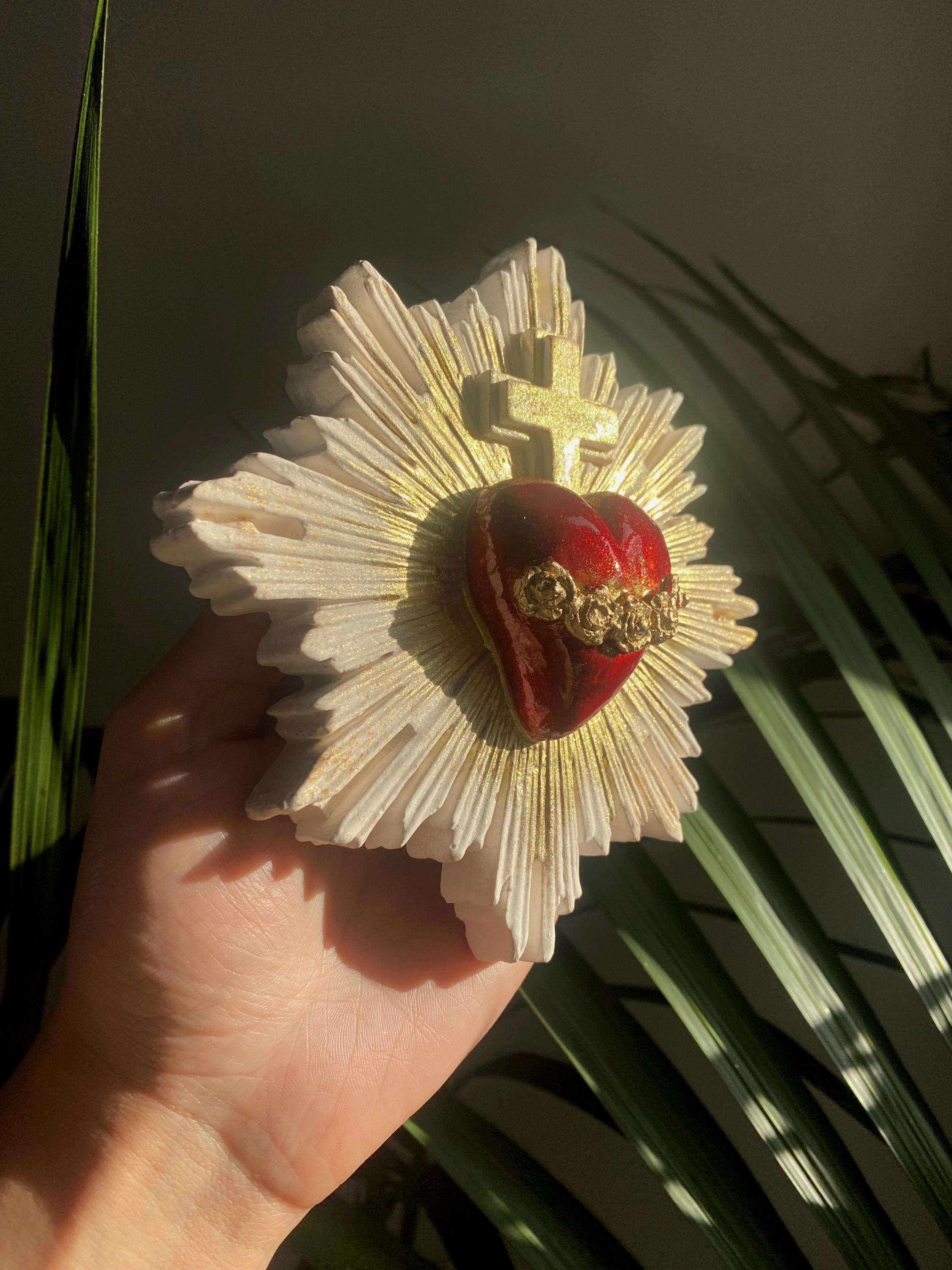 Sacred Heart Wall Decor, Milagro Heart, Flaming Heart & Cross, Handmade.