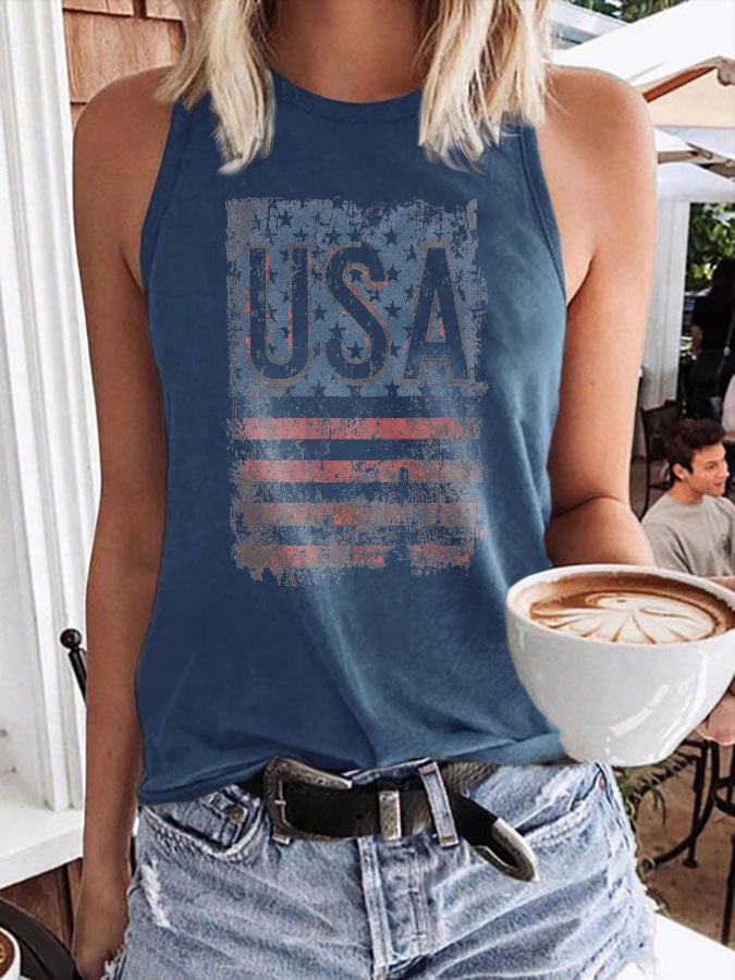 Retro Independence Day Flag USA Print Tank Top
