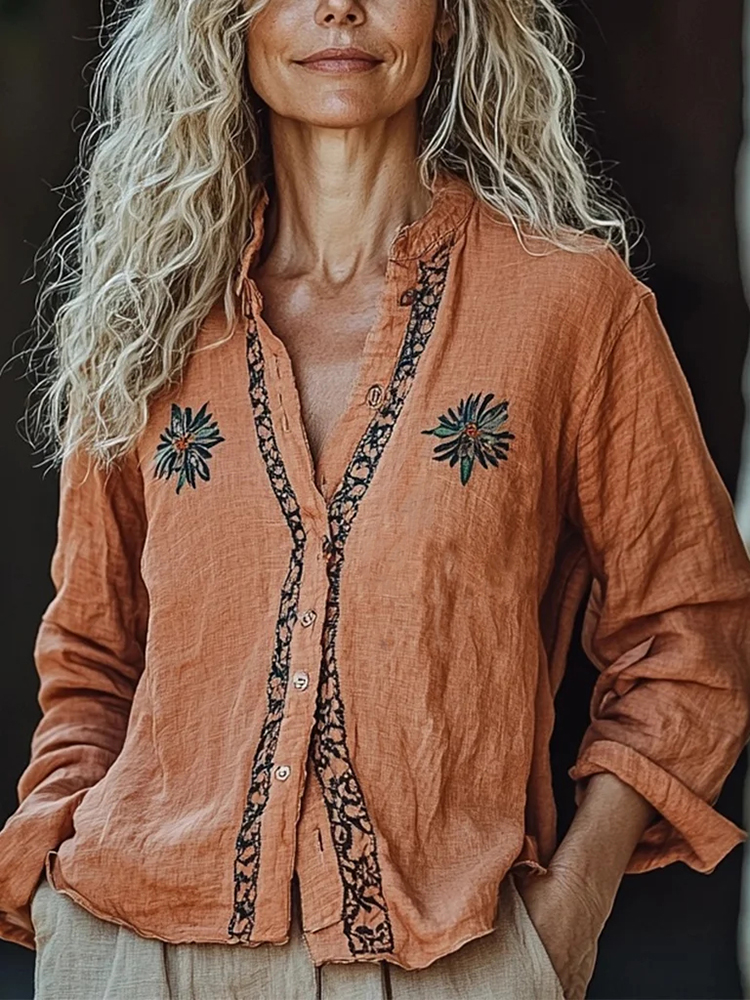 Bohemian Linen Floral Art Print Long Sleeve Loose  Shirt
